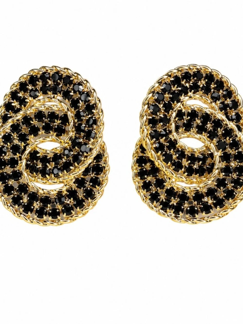 Statement Black Crystal Earrings Gold Tone Oval Stud Chunky Elegant Earrings